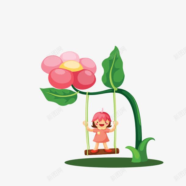 荡秋千的小女孩png免抠素材_新图网 https://ixintu.com 小女孩 树木 植物 秋千 花朵