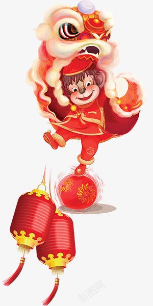 卡通舞狮图psd免抠素材_新图网 https://ixintu.com 卡通 孩子 灯笼 舞狮 节日