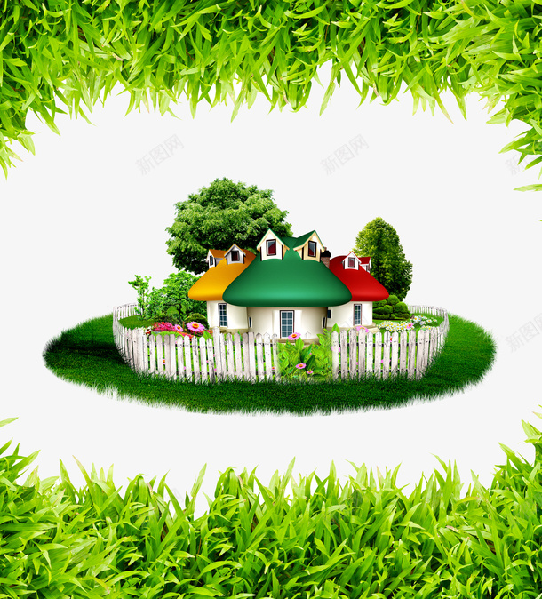 绿色房子psd免抠素材_新图网 https://ixintu.com 房子 绿色 草