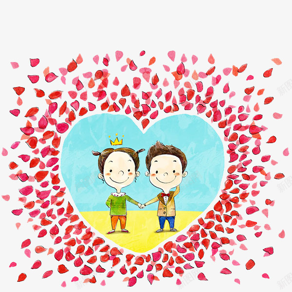 卡通爱心里的情侣png免抠素材_新图网 https://ixintu.com 免抠卡通男女 卡通 爱心里的情侣 红色的花瓣 飘散的花瓣