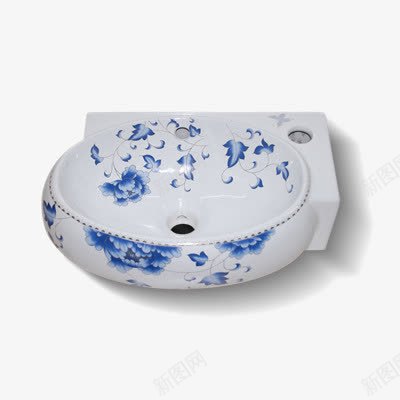 蓝色花纹洗手盆圆形png免抠素材_新图网 https://ixintu.com 产品实物 洗手池 洗手盆 蓝色花纹 金边