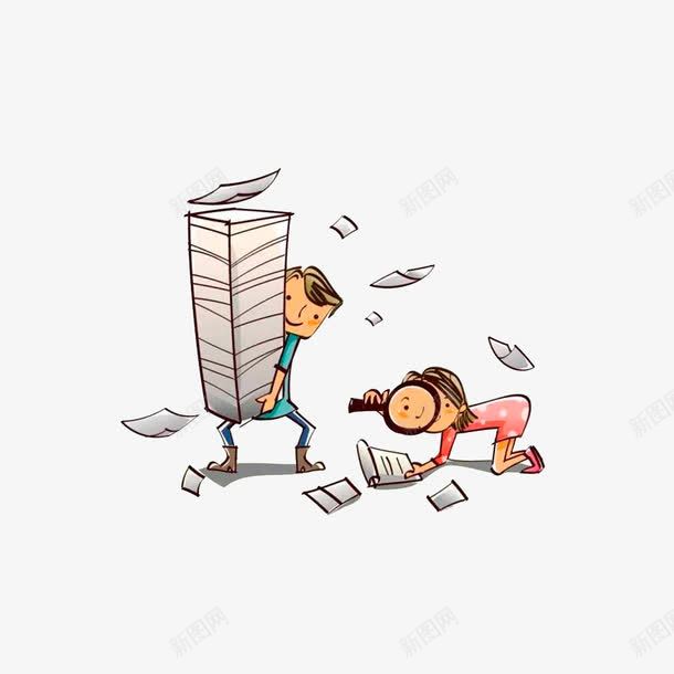 做知识的搬运工png免抠素材_新图网 https://ixintu.com 做知识的搬运工 卡通手绘 拿放大镜的女孩 搬货工人