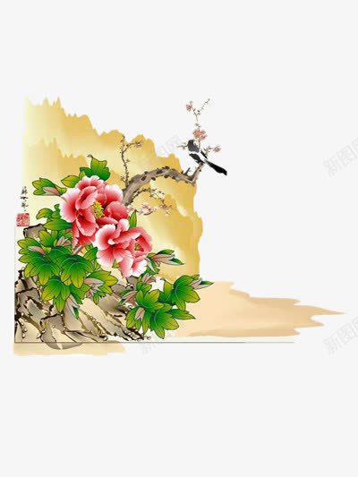 漂亮风景画png免抠素材_新图网 https://ixintu.com 中国风 小鸟 鲜花
