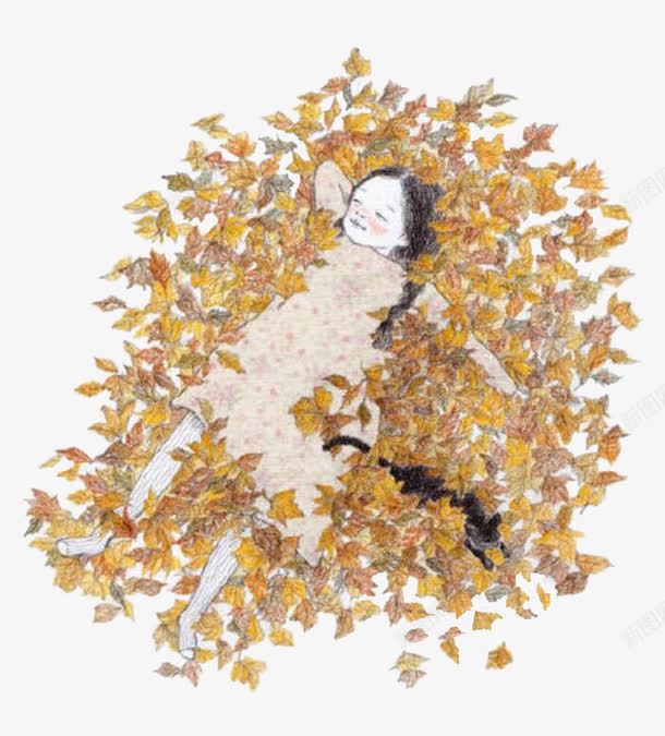 小清新躺在叶子上的女孩png免抠素材_新图网 https://ixintu.com 叶子 女孩 清新 黄色叶子