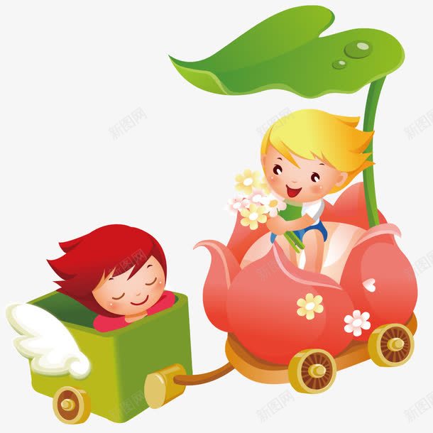 女孩在花车上png免抠素材_新图网 https://ixintu.com 卡通 插画 汽车 花朵 花车