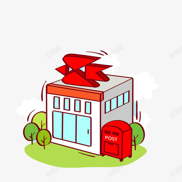 红色房子信息站png免抠素材_新图网 https://ixintu.com 建筑物 窗子 红色信鸽 绿色树木 通讯 邮局 飞鸽传书