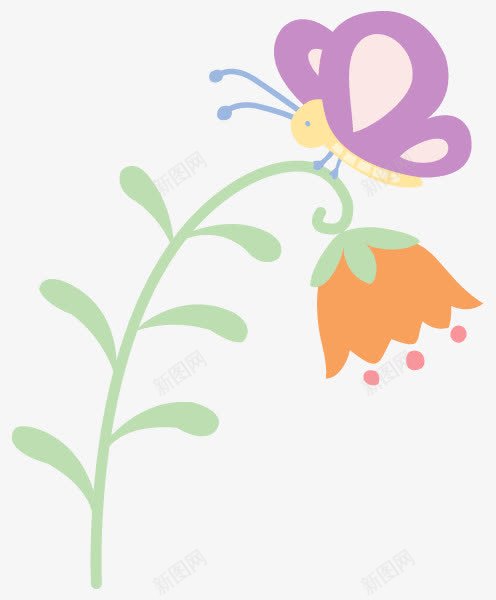 卡通小花蝴蝶png免抠素材_新图网 https://ixintu.com 动物 卡通 小花 绿叶 蝴蝶