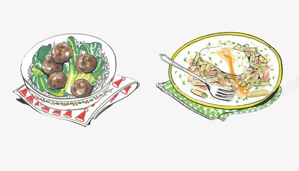 卡通蔬菜与通心粉png免抠素材_新图网 https://ixintu.com 中餐 卡通 叉子 插画 盘子 绘画 荷包蛋 蔬菜 通心粉 食物 餐布 香菇