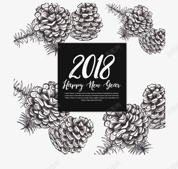 手绘2018年贺卡矢量图ai免抠素材_新图网 https://ixintu.com 2018年 手绘 新年快乐 松塔 素描 贺卡 矢量图