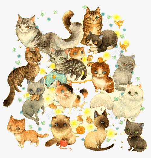 手绘元素卡通各种各样的猫png免抠素材_新图网 https://ixintu.com 卡通素材 唯美 手绘素材 水彩 猫 素材元素