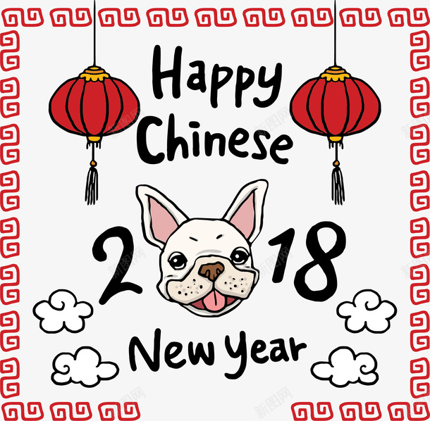 红色灯笼狗年海报矢量图ai免抠素材_新图网 https://ixintu.com 卡通狗狗 古风边框 狗年 矢量png 红灯笼 矢量图