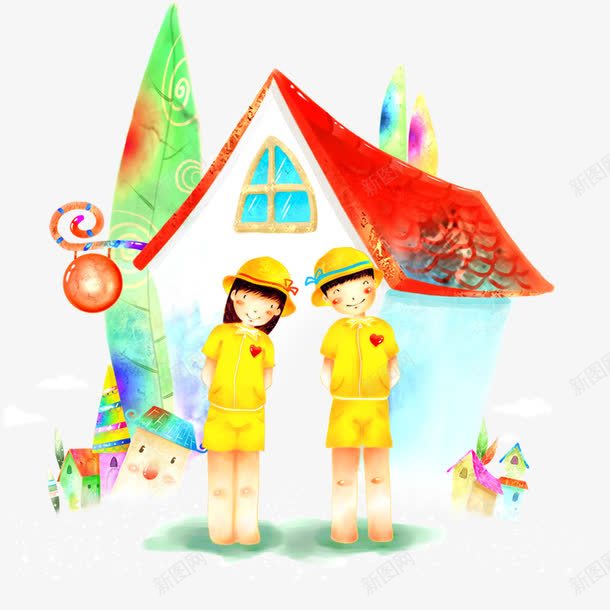 卡通小孩png免抠素材_新图网 https://ixintu.com 卡通房子前的小孩