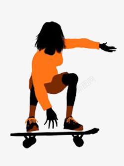 穿橙色衣服玩滑板的女人剪影素材