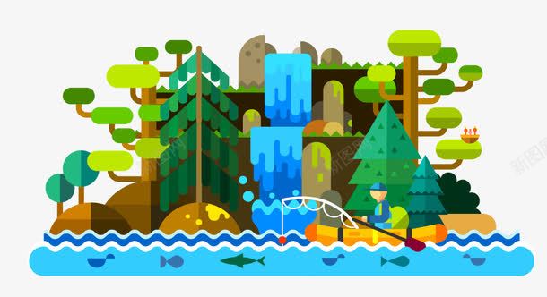 扁平化景观矢量图eps免抠素材_新图网 https://ixintu.com 扁平化景观 树 河流 瀑布 矢量山 矢量树 矢量图