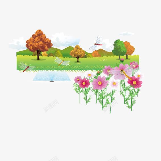 蜻蜓河上飞png免抠素材_新图网 https://ixintu.com 草地 蜻蜓 野花