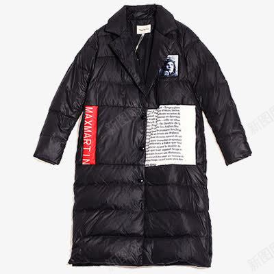 宽松羽绒服png免抠素材_新图网 https://ixintu.com 中长款 翻驳领 贴布 黑色