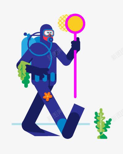 潜水员png免抠素材_新图网 https://ixintu.com 卡通人物 海草 潜水 紫色