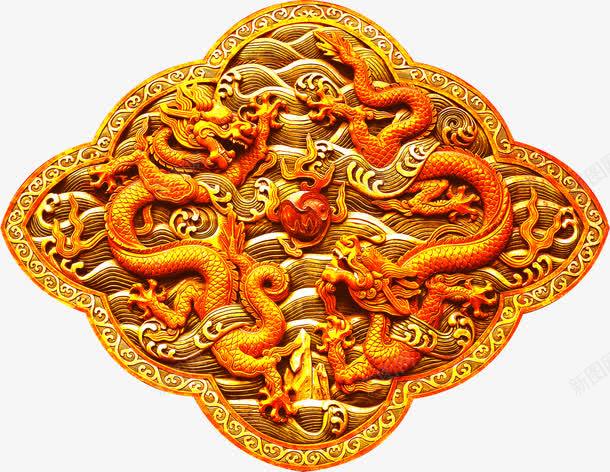 黄色双龙戏珠雕花中秋礼盒png免抠素材_新图网 https://ixintu.com 中秋 双龙 礼盒 雕花 黄色