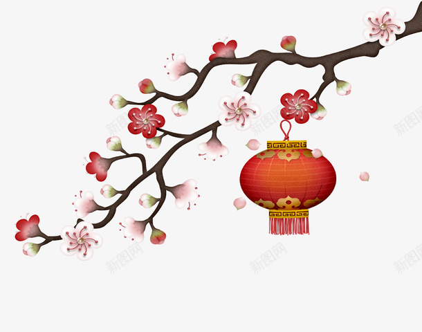 梅花树枝上的灯笼psd免抠素材_新图网 https://ixintu.com 免抠梅花 树枝上的 梅花 灯笼 粉色花朵 红色灯笼