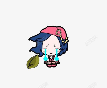 蓝发女孩png免抠素材_新图网 https://ixintu.com 伤心 哭泣 树叶 粉帽子 蓝发