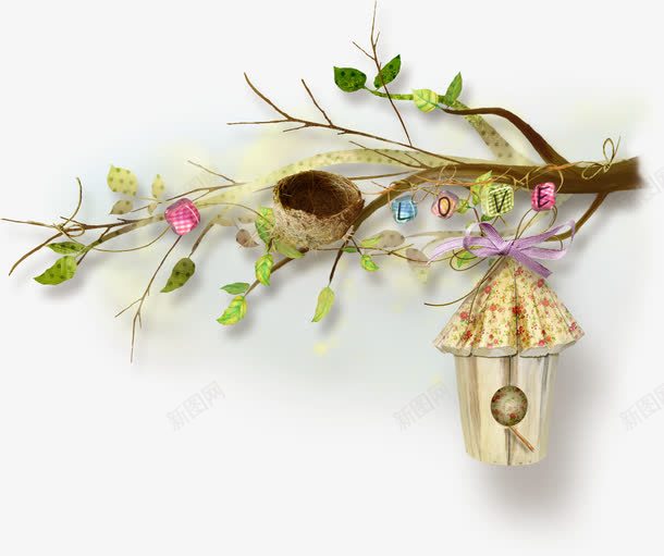 树枝上的鸟窝png免抠素材_新图网 https://ixintu.com 手绘 树枝 绿色 鸟窝