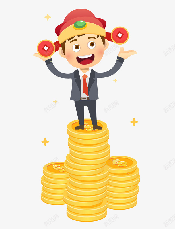 手绘商务理财男人图png免抠素材_新图网 https://ixintu.com 卡通 古代风 帅气的 摞着的 理财 男人 金币 高兴的