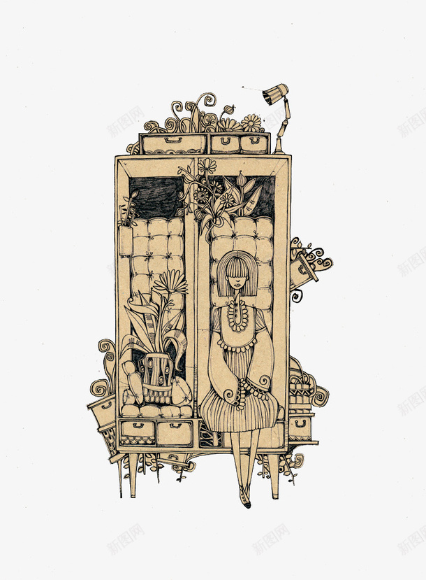 手绘女孩插画png免抠素材_新图网 https://ixintu.com 人物 抽象 植物