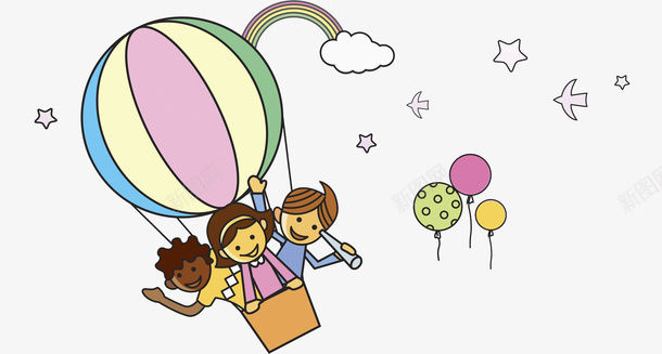 高兴地孩子png免抠素材_新图网 https://ixintu.com 卡通 彩虹 插图 星星 气球 热气球 高兴地 高空