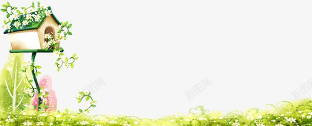 可爱手绘绿地png免抠素材_新图网 https://ixintu.com 可爱 手绘 白色小花 绿色素材 鸟窝