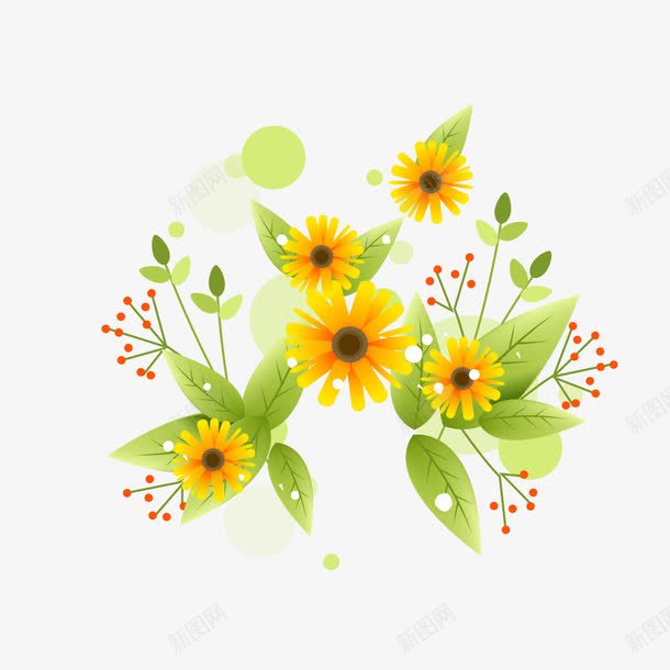 绿叶黄花png免抠素材_新图网 https://ixintu.com 素材 绿叶 绿色树叶 黄色花朵 黄花