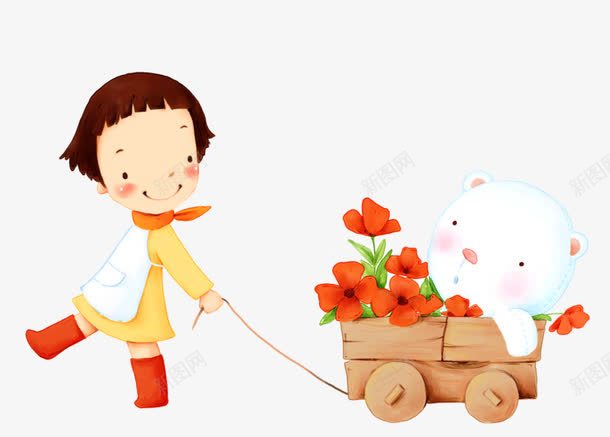 手拉玩具车的女孩png免抠素材_新图网 https://ixintu.com 女孩 手拉玩具车 玩具熊 花朵