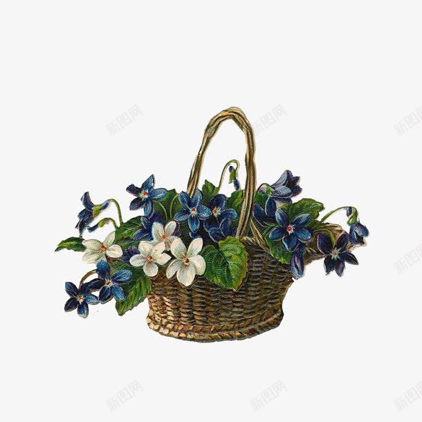 蓝色花朵手绘编织花篮png免抠素材_新图网 https://ixintu.com 编织 花朵 花篮 蓝色
