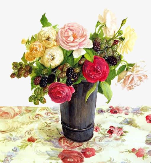 各色花朵png免抠素材_新图网 https://ixintu.com 彩色 桌布 桑葚 花朵 花瓶