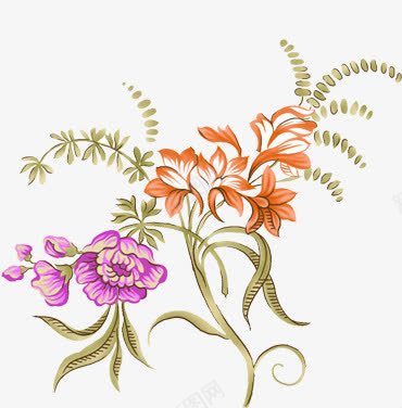 紫色橙色花朵绿叶手绘png免抠素材_新图网 https://ixintu.com 橙色 紫色 绿叶 花朵