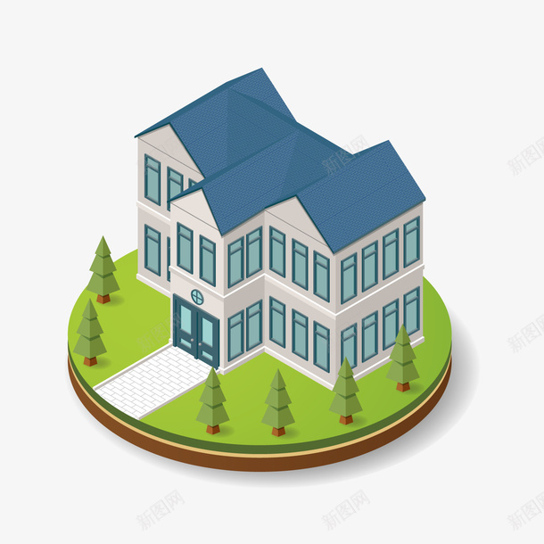 卡通蓝色别墅png免抠素材_新图网 https://ixintu.com 大别墅 房子建筑 绿色植物 背景装饰 蓝色