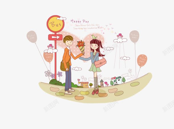 公交车站等车的情侣png免抠素材_新图网 https://ixintu.com 公交车站 情侣 气球 爱心 牛图网 玫瑰花 车牌 道路