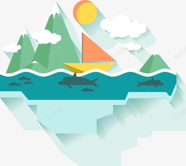 3D立体海洋船png免抠素材_新图网 https://ixintu.com 古船 太阳 山 海洋 立体 船