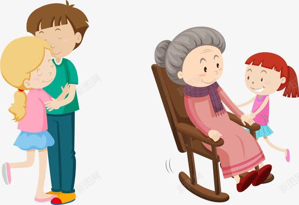 手绘关爱png免抠素材_新图网 https://ixintu.com 关爱 关爱老年人 卡通人物 手绘 拥抱 陪伴
