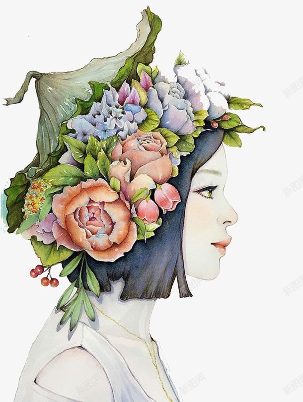 头戴花环的姑娘png免抠素材_新图网 https://ixintu.com 头戴花环 手绘 装饰