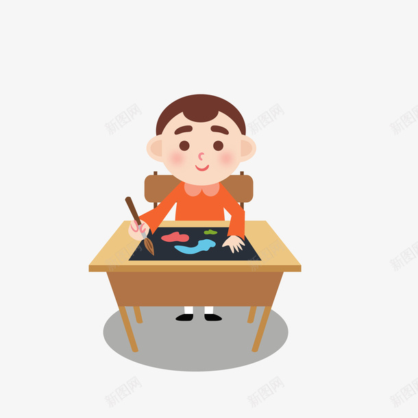 卡通画画小男生矢量图eps免抠素材_新图网 https://ixintu.com 卡通 小男孩 手绘 毛笔 水彩 画画 美术 认真 课桌 矢量图
