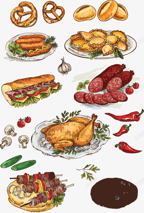 手绘美食矢量图eps免抠素材_新图网 https://ixintu.com 手绘 美食 食物 矢量图