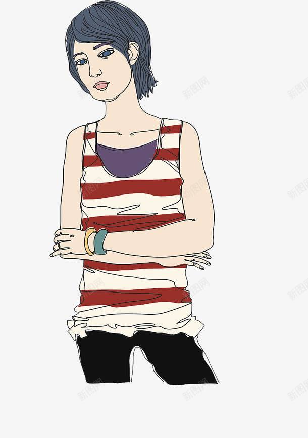 手绘人物插图双手抱胸的短发女孩png免抠素材_新图网 https://ixintu.com 人物插图 双手抱胸 女孩 手绘 条纹背心 短发