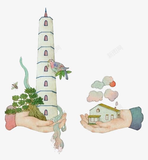 卡通迷你建筑png免抠素材_新图网 https://ixintu.com 卡通手脚 宝塔 小房子 手掌 迷你建筑