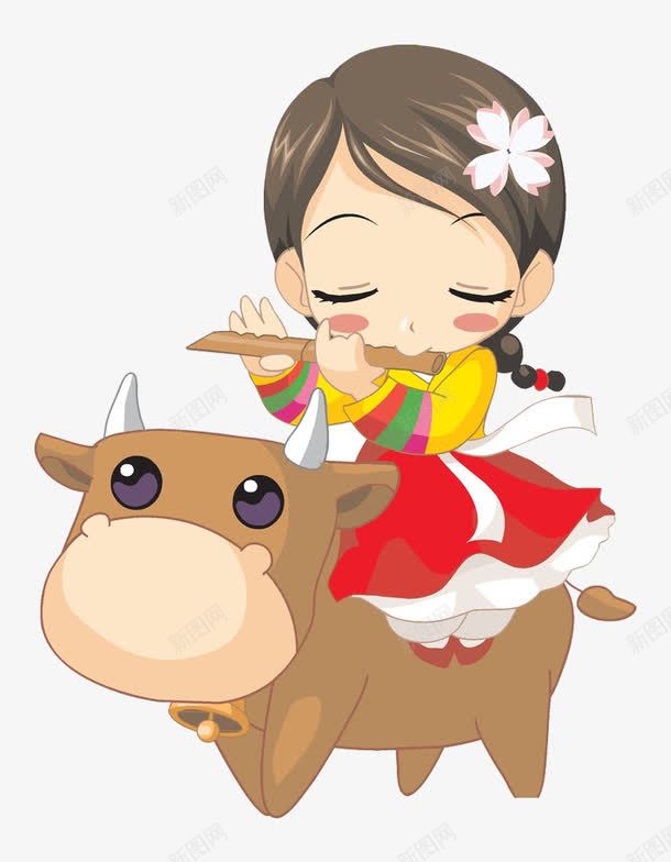 吹笛子的女孩png免抠素材_新图网 https://ixintu.com 卡通女孩 吹笛子 女孩 牛
