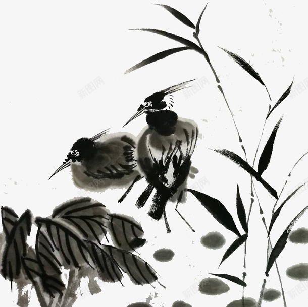 水墨画两只鸟png免抠素材_新图网 https://ixintu.com 两只鸟 国画 水墨底图 水墨画 黑色