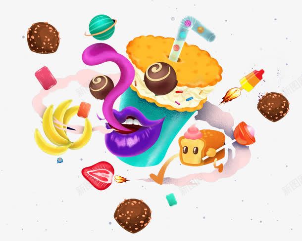 创意饮料广告png免抠素材_新图网 https://ixintu.com 创意饮料广告图 嘴唇 水果 饼干