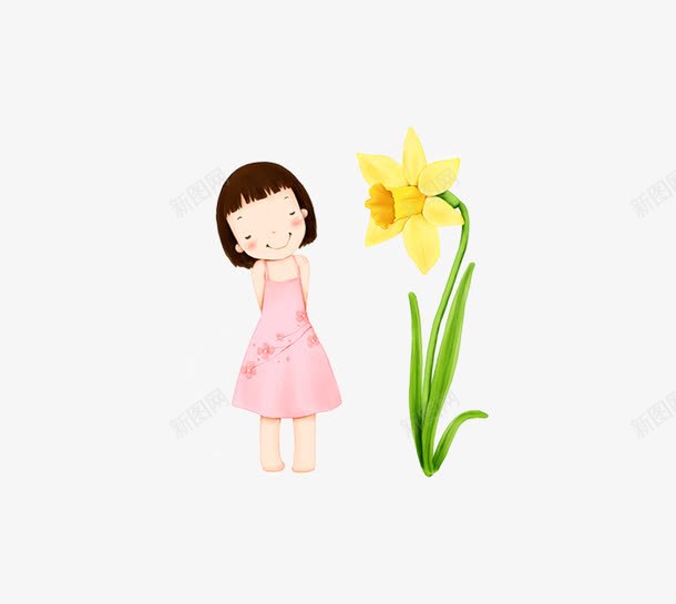 卡通可爱小女孩看花png免抠素材_新图网 https://ixintu.com 卡通 可爱 小女孩 树叶 花