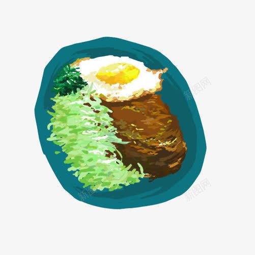 牛排饭手绘画片psd免抠素材_新图网 https://ixintu.com 手绘美食 牛排饭 色彩画 蓝色盘子