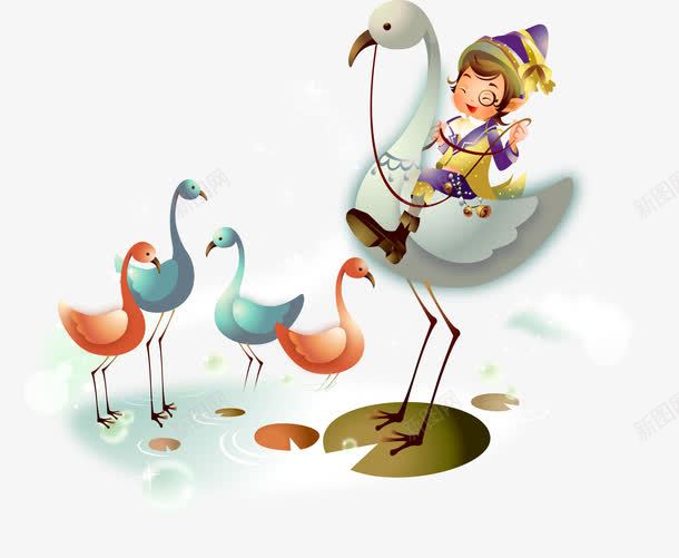 骑在鹤背上的小孩png免抠素材_新图网 https://ixintu.com 儿童 卡通 松鹤 松鹤延年 禽类动物 鹤群
