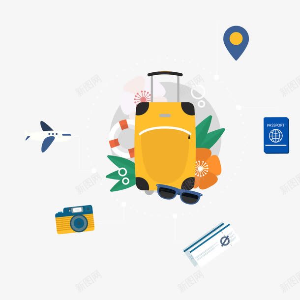 旅游出行png免抠素材_新图网 https://ixintu.com 出行 墨镜 彩色花 旅游 机票 游泳圈 相机 行李箱 证件